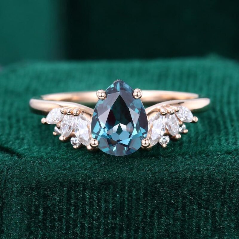 Wings Theme Pear Cut Alexandrite Engagement Ring